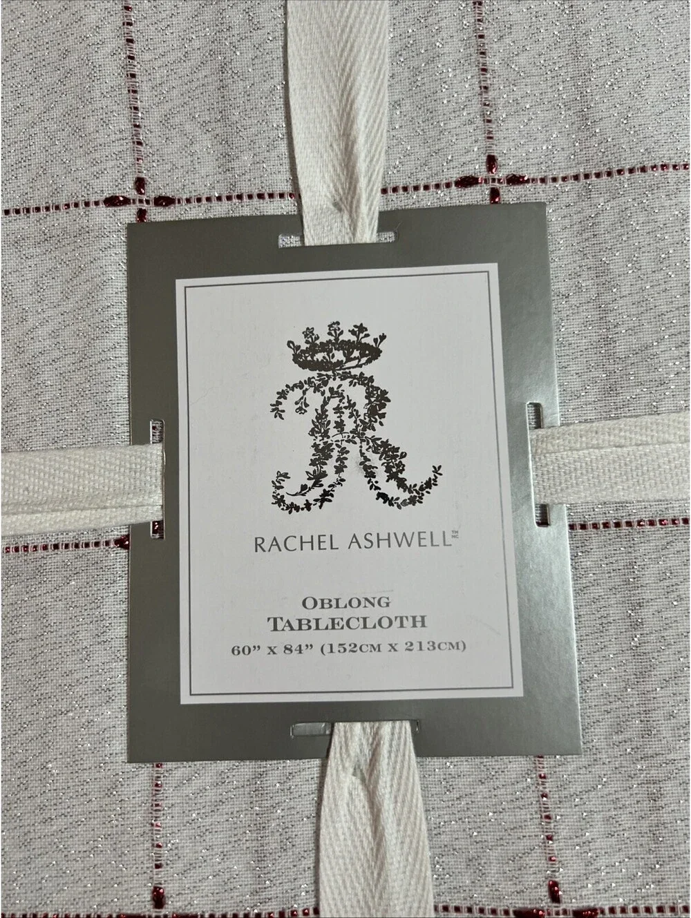 Rachel Ashwell White, Silver & Red Oblong Tablecloth 60”x 84”, New